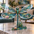 Artwork visualization: Dragonfly pond — living room focal point, personalized EMMA, subject-shaped acrylic with printed optical 3D depth; not carved relief.