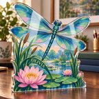 Artwork visualization: Dragonfly pond — home office backdrop, personalized OLIVIA, subject-shaped acrylic with printed optical 3D depth; not carved relief.