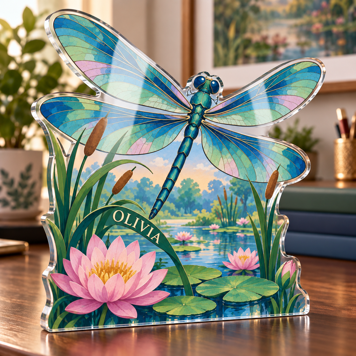 Artwork visualization: Dragonfly pond — home office backdrop, personalized OLIVIA, subject-shaped acrylic with printed optical 3D depth; not carved relief.