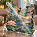Artwork visualization: Dragonfly pond — quiet corner decoration, personalized AURORA, subject-shaped acrylic with printed optical 3D depth; not carved relief.