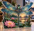 Artwork visualization: Dragonfly pond — apartment gallery wall, personalized MIA, subject-shaped acrylic with printed optical 3D depth; not carved relief.