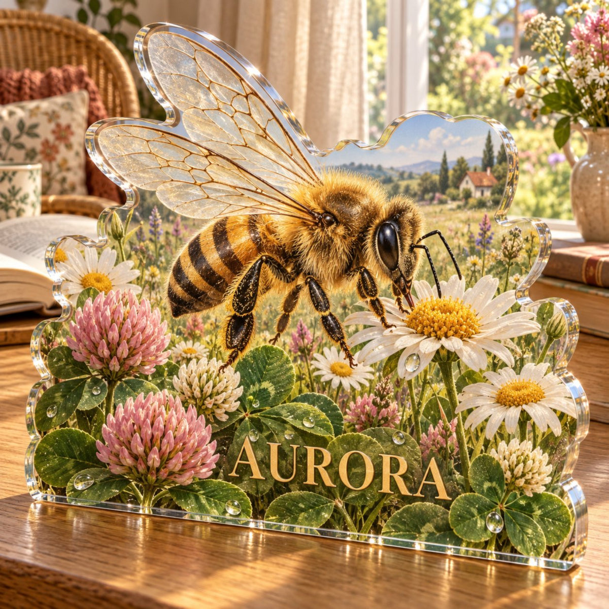 Personalized Honeybee Meadow Reading Nook Decor custom shape acrylic plaque with an example name set into the artwork, digital preview