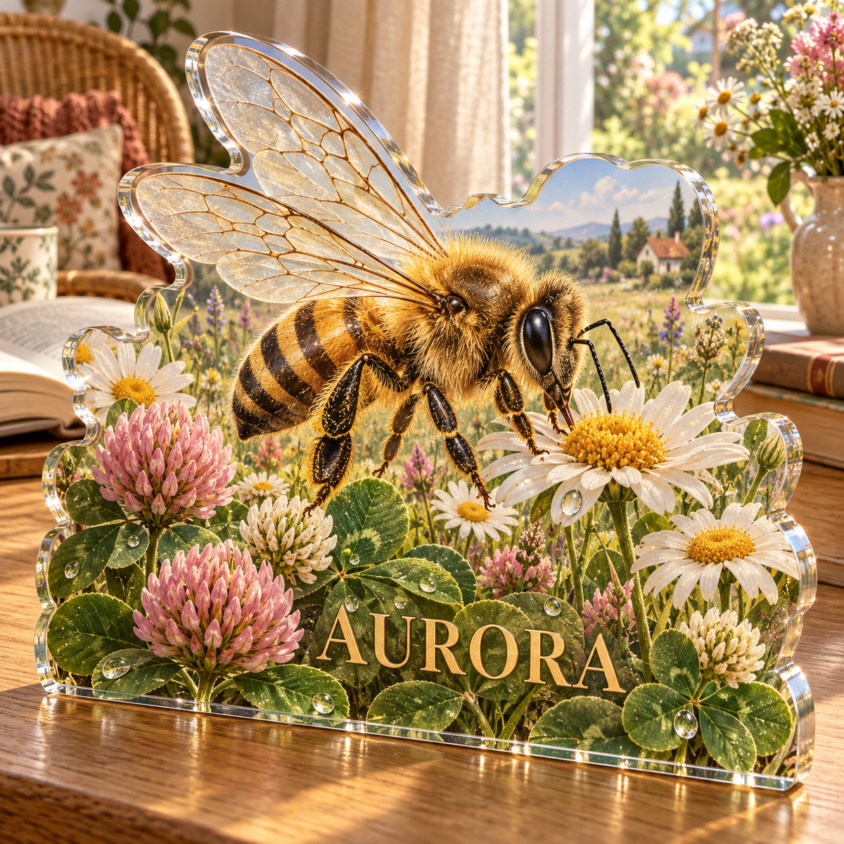 Artwork visualization: Honeybee meadow — reading nook decor, personalized AURORA, subject-shaped acrylic with printed optical 3D depth; not carved relief.