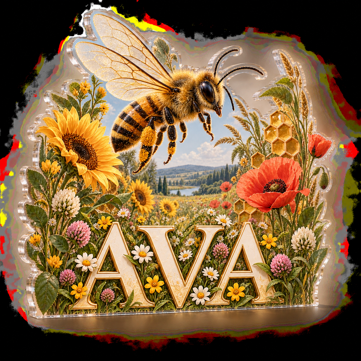 Artwork visualization: Honeybee meadow — bedroom statement decor, personalized AVA, subject-shaped acrylic with printed optical 3D depth; not carved relief.