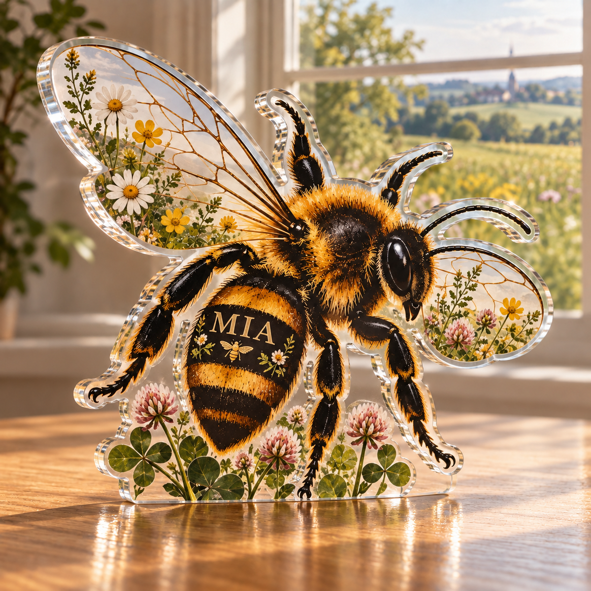 Artwork visualization: Honeybee meadow — living room focal point, personalized MIA, subject-shaped acrylic with printed optical 3D depth; not carved relief.