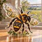 Artwork visualization: Honeybee meadow — living room focal point, personalized MIA, subject-shaped acrylic with printed optical 3D depth; not carved relief.