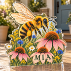 Artwork visualization: Honeybee meadow — personalized housewarming, personalized MIA, subject-shaped acrylic with printed optical 3D depth; not carved relief.
