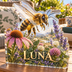 Artwork visualization: Honeybee meadow — quiet corner decoration, personalized LUNA, subject-shaped acrylic with printed optical 3D depth; not carved relief.