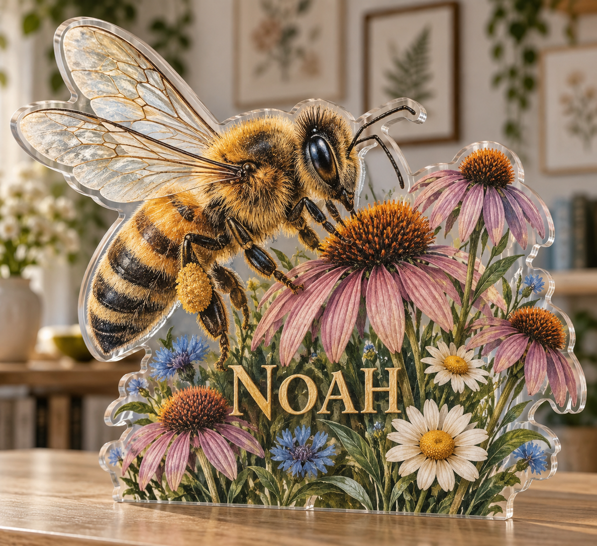 Artwork visualization: Honeybee meadow — apartment gallery wall, personalized NOAH, subject-shaped acrylic with printed optical 3D depth; not carved relief.