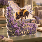 Artwork visualization: Bumblebee lavender — reading nook decor, personalized AVA, subject-shaped acrylic with printed optical 3D depth; not carved relief.