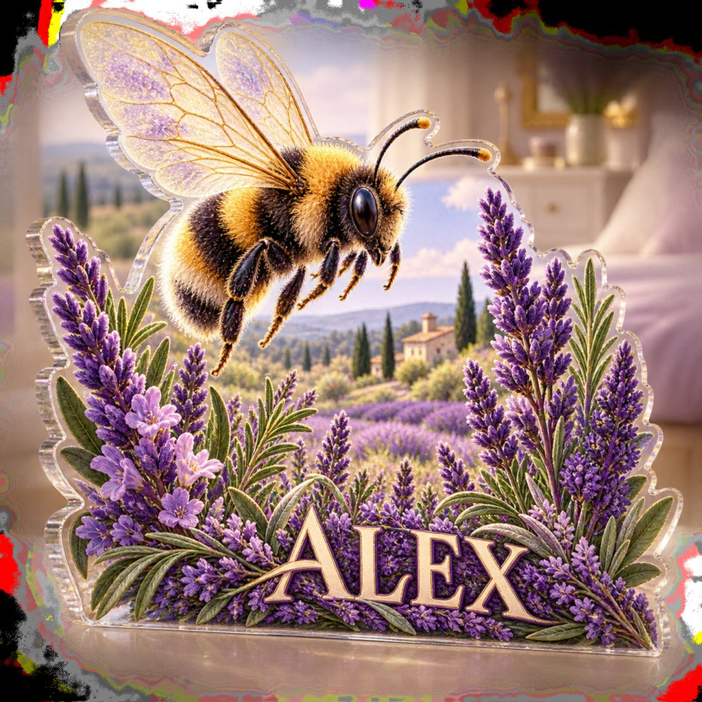 Personalized Bumblebee Lavender Bedroom Statement Decor custom shape acrylic plaque with an example name set into the artwork, digital preview