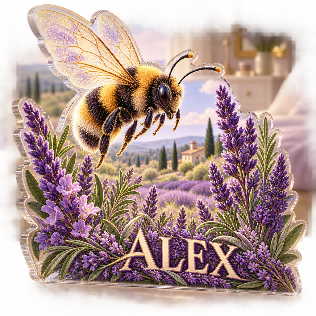 Artwork visualization: Bumblebee lavender — bedroom statement decor, personalized ALEX, subject-shaped acrylic with printed optical 3D depth; not carved relief.
