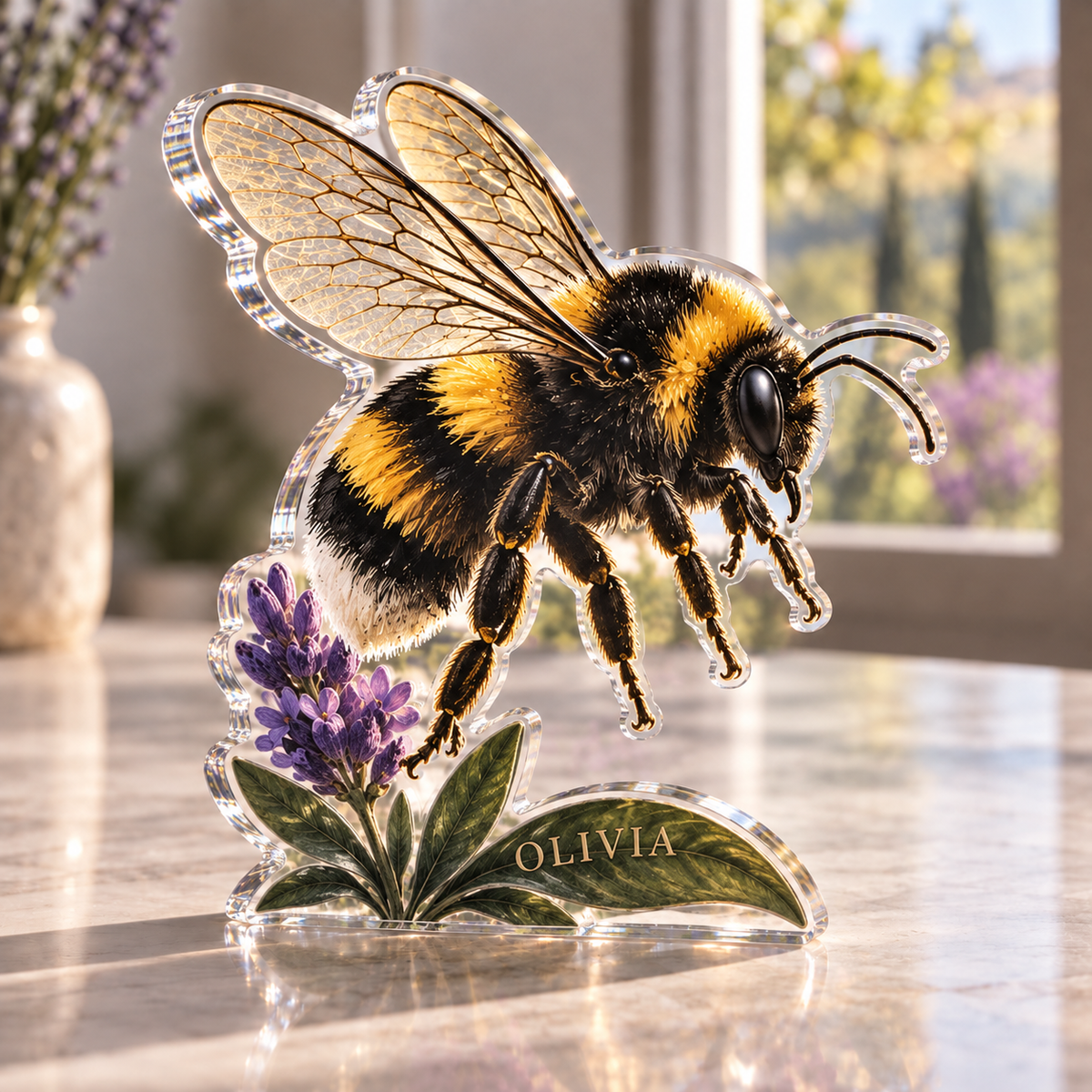 Artwork visualization: Bumblebee lavender — living room focal point, personalized OLIVIA, subject-shaped acrylic with printed optical 3D depth; not carved relief.