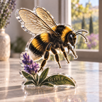 Artwork visualization: Bumblebee lavender — living room focal point, personalized OLIVIA, subject-shaped acrylic with printed optical 3D depth; not carved relief.