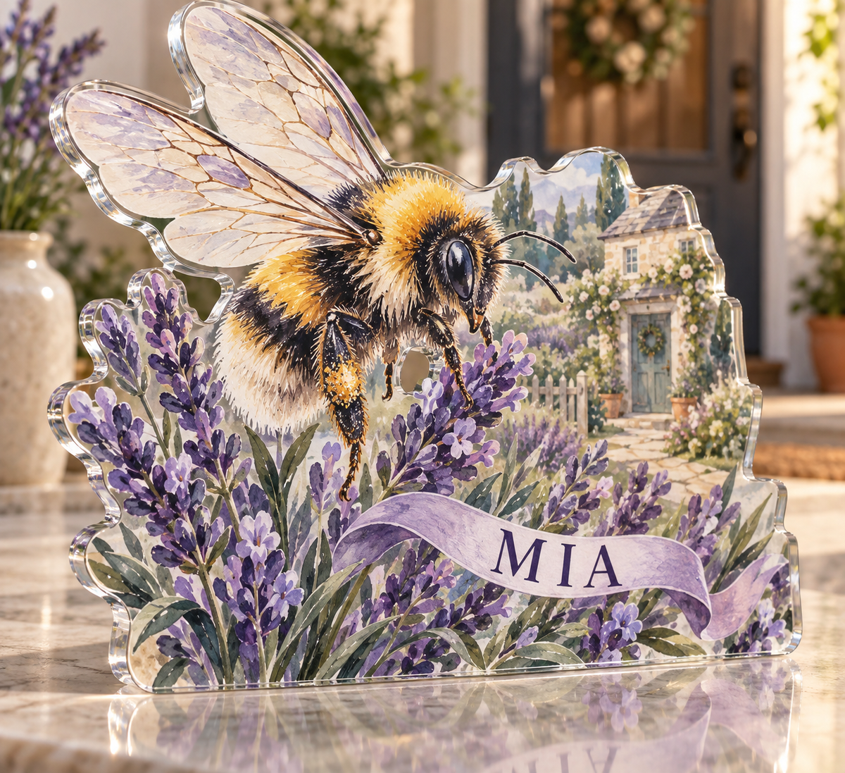 Artwork visualization: Bumblebee lavender — personalized housewarming, personalized MIA, subject-shaped acrylic with printed optical 3D depth; not carved relief.