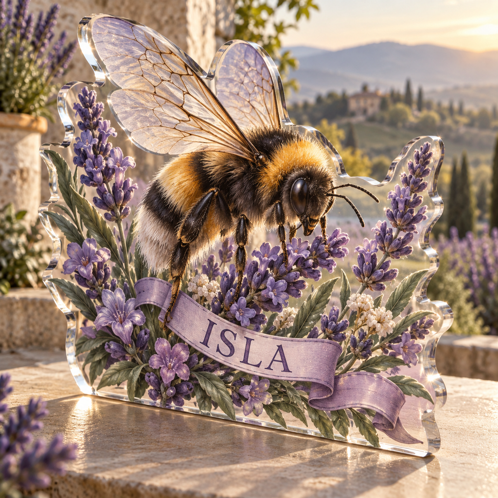 Artwork visualization: Bumblebee lavender — quiet corner decoration, personalized ISLA, subject-shaped acrylic with printed optical 3D depth; not carved relief.