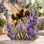 Artwork visualization: Bumblebee lavender — apartment gallery wall, personalized AVA, subject-shaped acrylic with printed optical 3D depth; not carved relief.