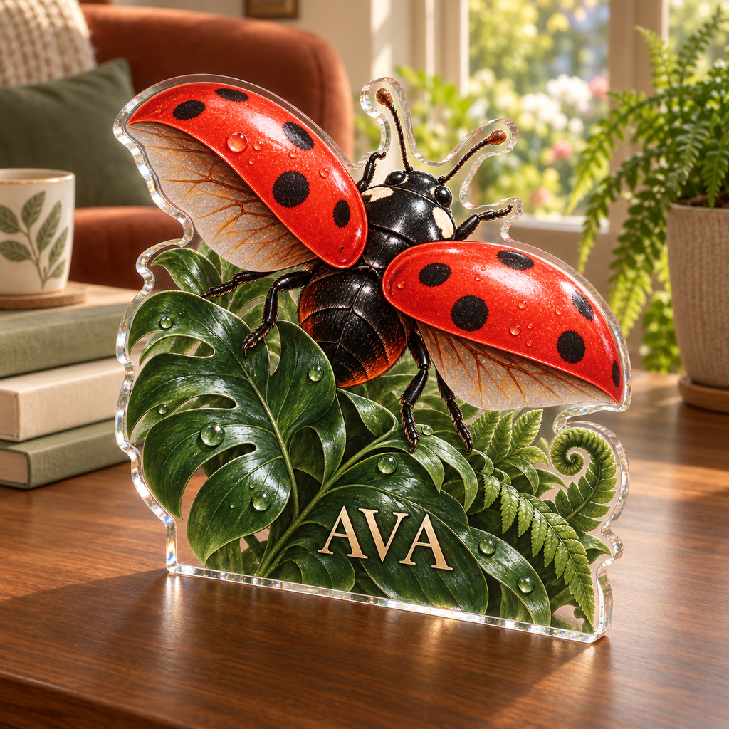Artwork visualization: Ladybug leaves — reading nook decor, personalized AVA, subject-shaped acrylic with printed optical 3D depth; not carved relief.