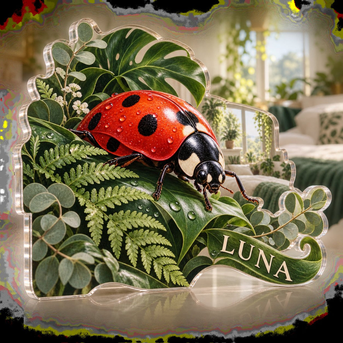 Personalized Ladybug Leaves Bedroom Statement Decor custom shape acrylic plaque with an example name set into the artwork, digital preview
