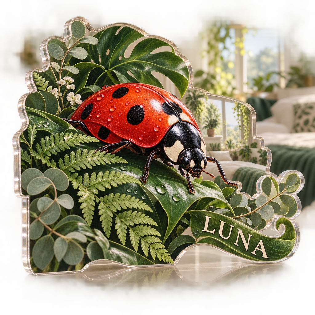 Artwork visualization: Ladybug leaves — bedroom statement decor, personalized LUNA, subject-shaped acrylic with printed optical 3D depth; not carved relief.