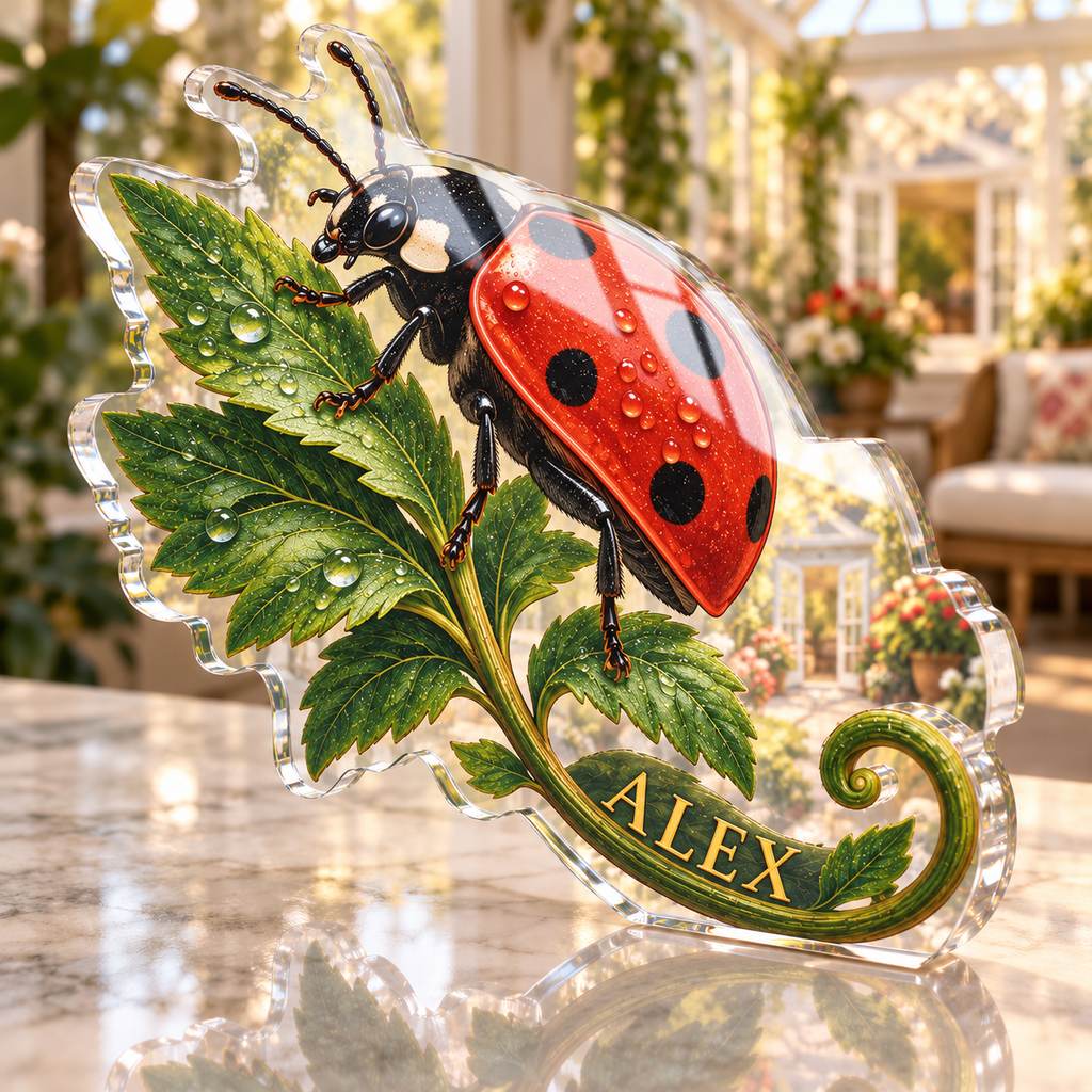 Artwork visualization: Ladybug leaves — personalized housewarming, personalized ALEX, subject-shaped acrylic with printed optical 3D depth; not carved relief.