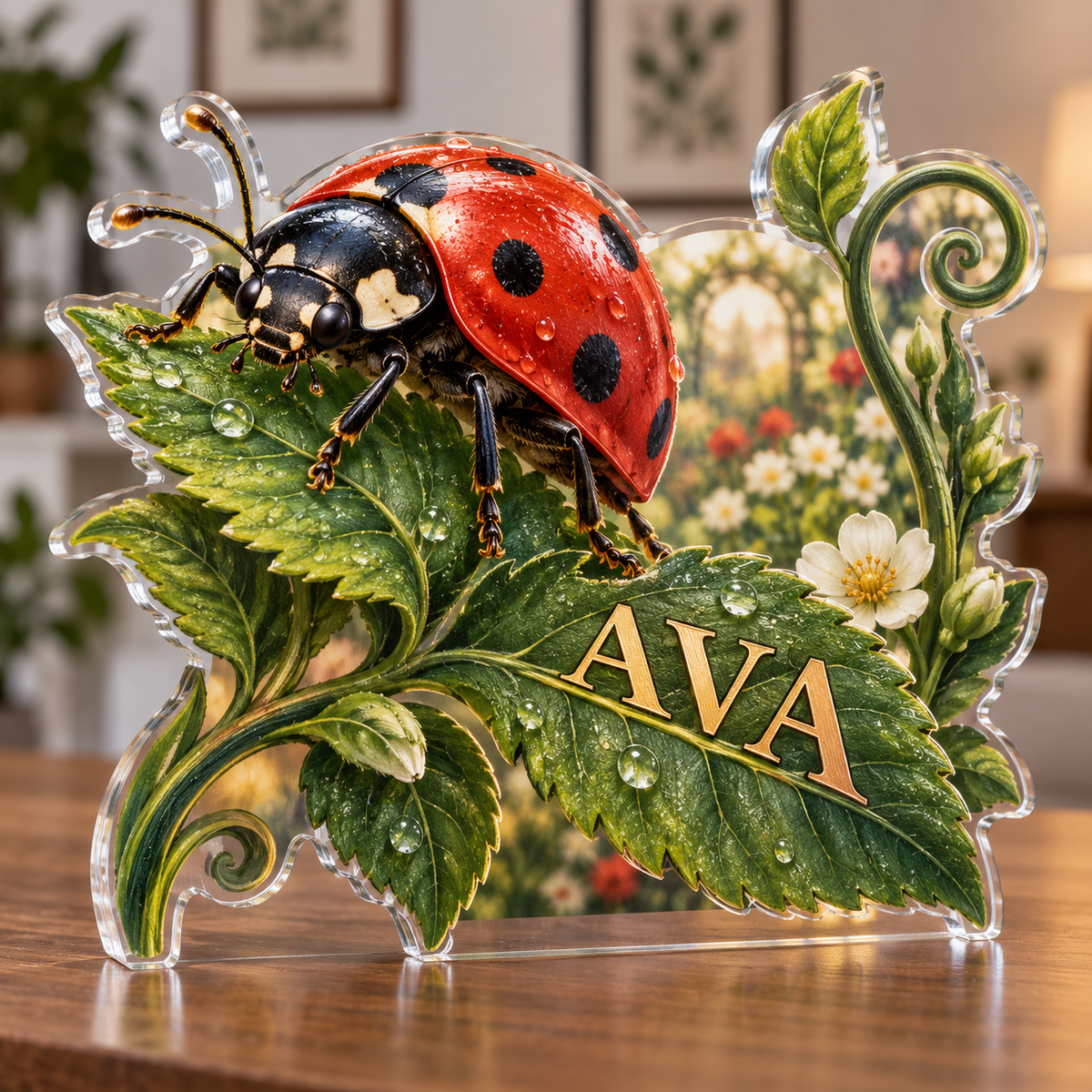 Artwork visualization: Ladybug leaves — apartment gallery wall, personalized AVA, subject-shaped acrylic with printed optical 3D depth; not carved relief.