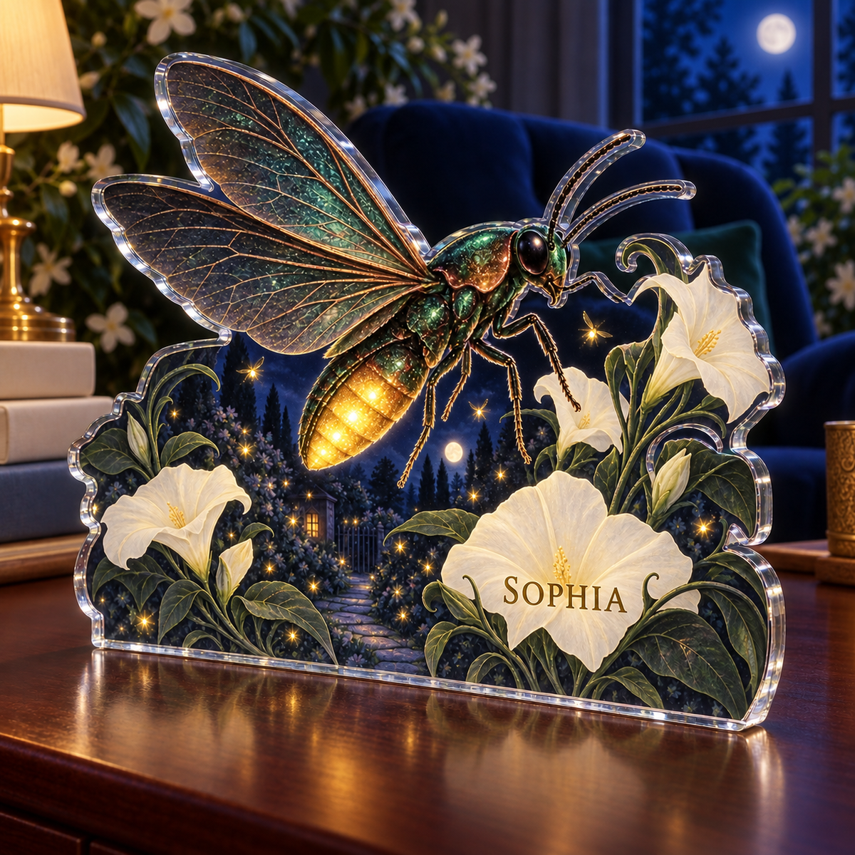 Artwork visualization: Firefly night garden — reading nook decor, personalized SOPHIA, subject-shaped acrylic with printed optical 3D depth; not carved relief.