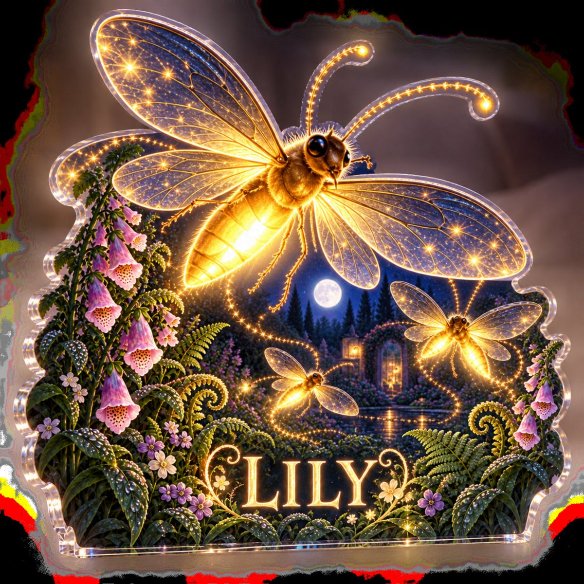 Personalized Firefly Night Garden Bedroom Statement Decor custom shape acrylic plaque with an example name set into the artwork, digital preview