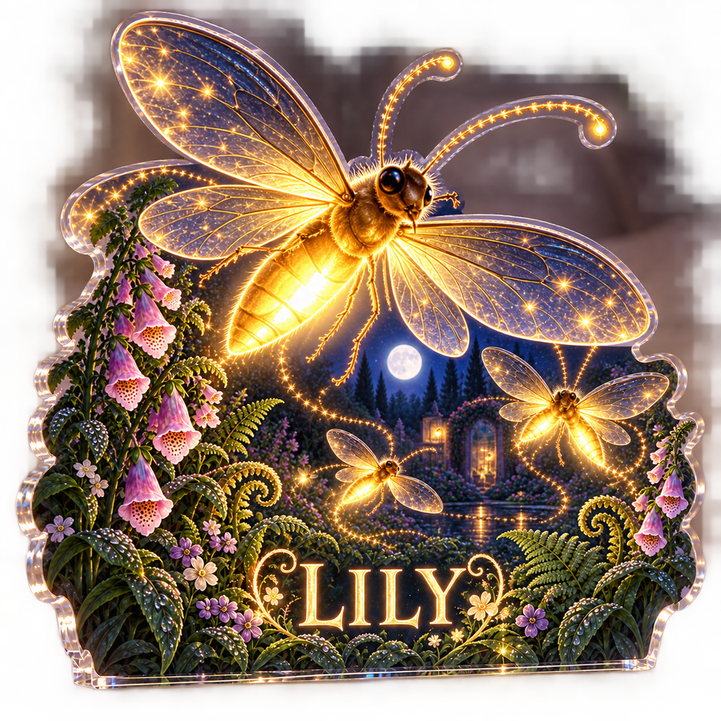 Artwork visualization: Firefly night garden — bedroom statement decor, personalized LILY, subject-shaped acrylic with printed optical 3D depth; not carved relief.