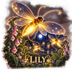 Artwork visualization: Firefly night garden — bedroom statement decor, personalized LILY, subject-shaped acrylic with printed optical 3D depth; not carved relief.
