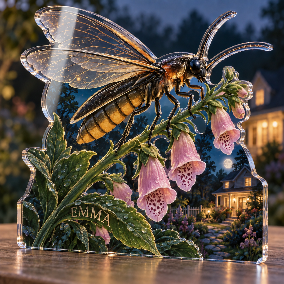 Artwork visualization: Firefly night garden — personalized housewarming, personalized EMMA, subject-shaped acrylic with printed optical 3D depth; not carved relief.