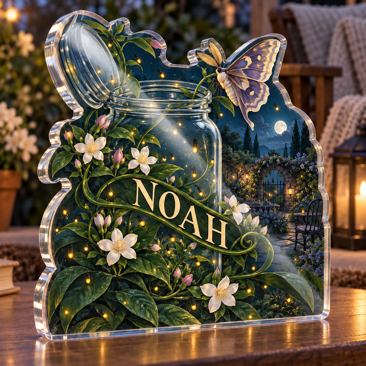 Artwork visualization: Firefly night garden — quiet corner decoration, personalized NOAH, subject-shaped acrylic with printed optical 3D depth; not carved relief.