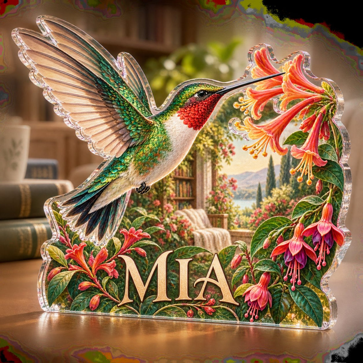 Personalized Hummingbird Flowers Reading Nook Decor custom shape acrylic plaque with an example name set into the artwork, digital preview