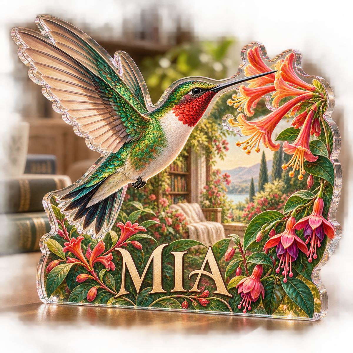 Artwork visualization: Hummingbird flowers — reading nook decor, personalized MIA, subject-shaped acrylic with printed optical 3D depth; not carved relief.