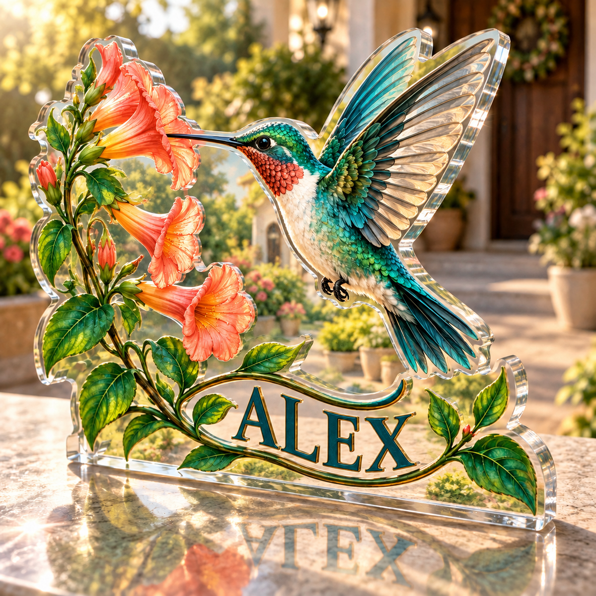 Artwork visualization: Hummingbird flowers — personalized housewarming, personalized ALEX, subject-shaped acrylic with printed optical 3D depth; not carved relief.