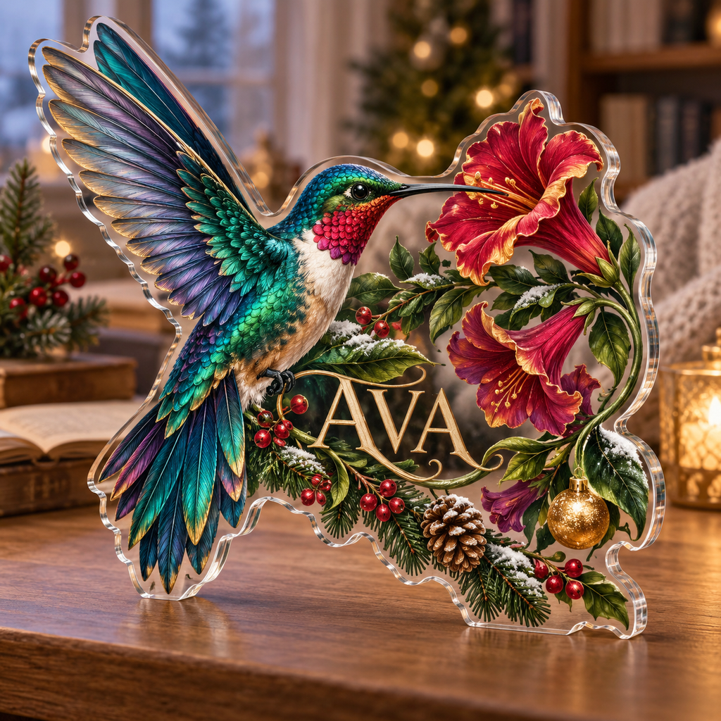 Artwork visualization: Hummingbird flowers — quiet corner decoration, personalized AVA, subject-shaped acrylic with printed optical 3D depth; not carved relief.