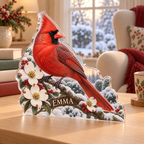 Artwork visualization: Cardinal garden — reading nook decor, personalized EMMA, subject-shaped acrylic with printed optical 3D depth; not carved relief.