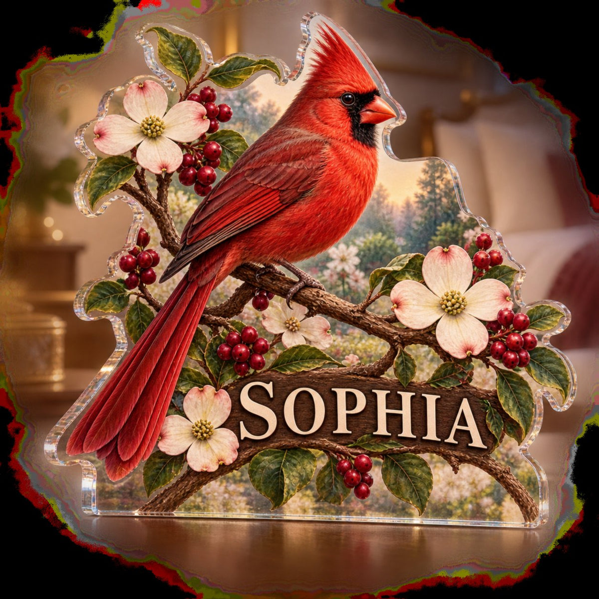 Personalized Cardinal Garden Bedroom Statement Decor custom shape acrylic plaque with an example name set into the artwork, digital preview