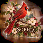 Personalized Cardinal Garden Bedroom Statement Decor custom shape acrylic plaque with an example name set into the artwork, digital preview