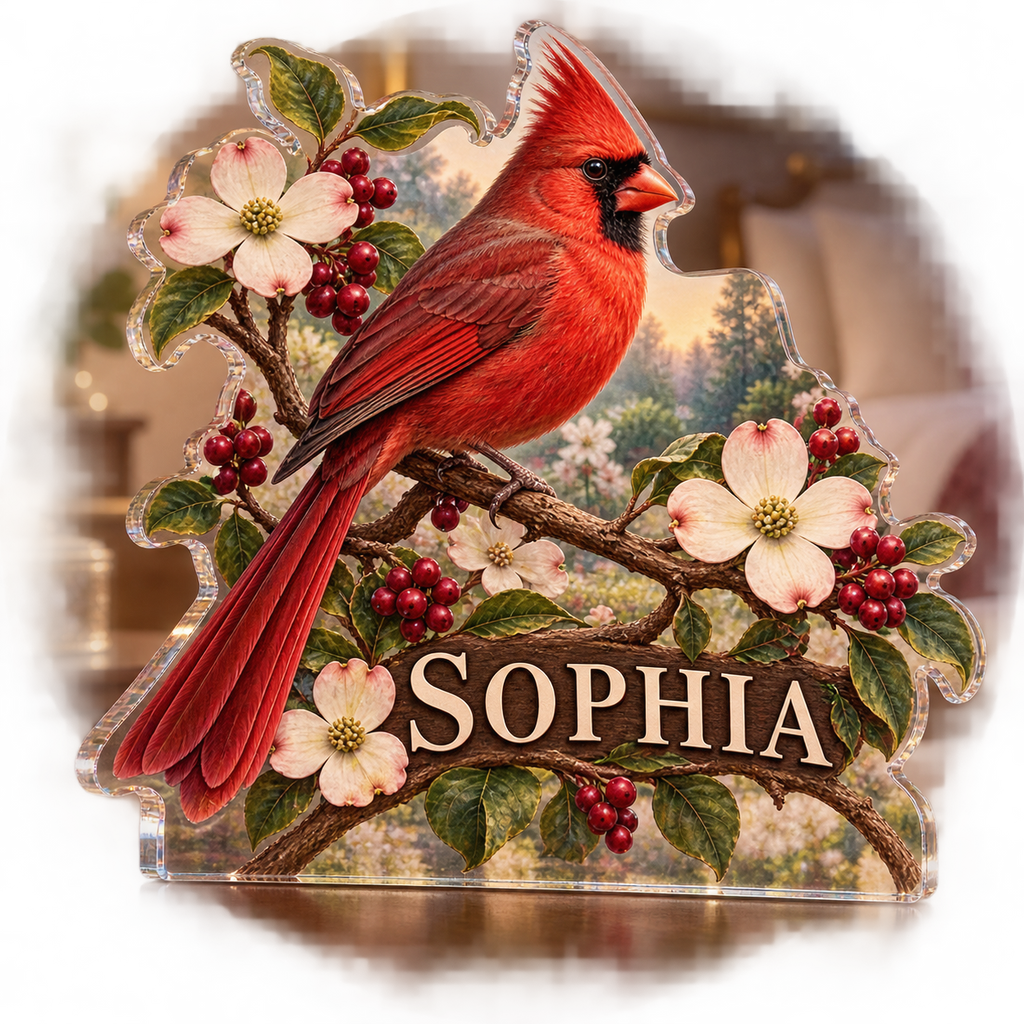 Artwork visualization: Cardinal garden — bedroom statement decor, personalized SOPHIA, subject-shaped acrylic with printed optical 3D depth; not carved relief.