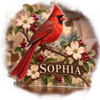 Artwork visualization: Cardinal garden — bedroom statement decor, personalized SOPHIA, subject-shaped acrylic with printed optical 3D depth; not carved relief.