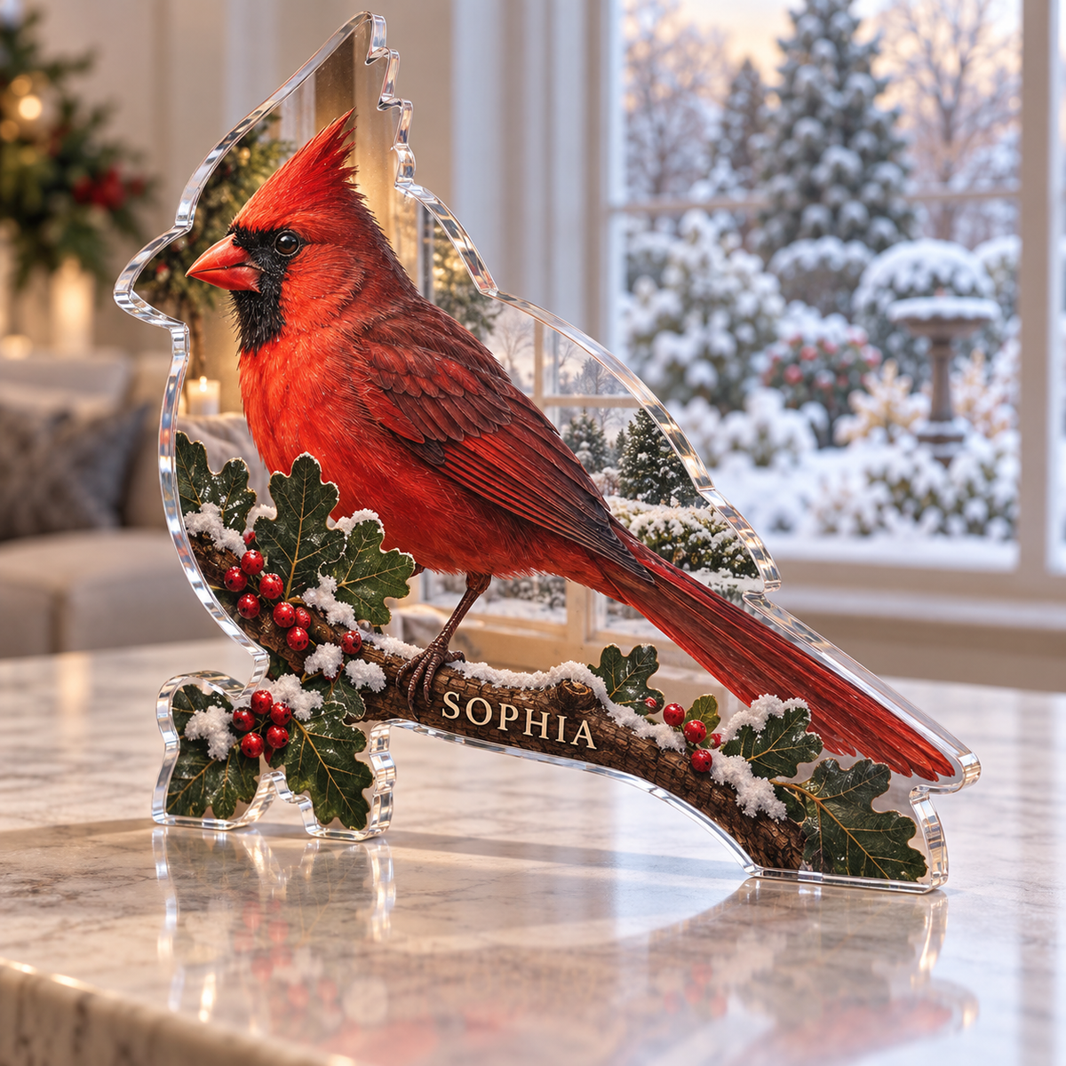 Artwork visualization: Cardinal garden — living room focal point, personalized SOPHIA, subject-shaped acrylic with printed optical 3D depth; not carved relief.