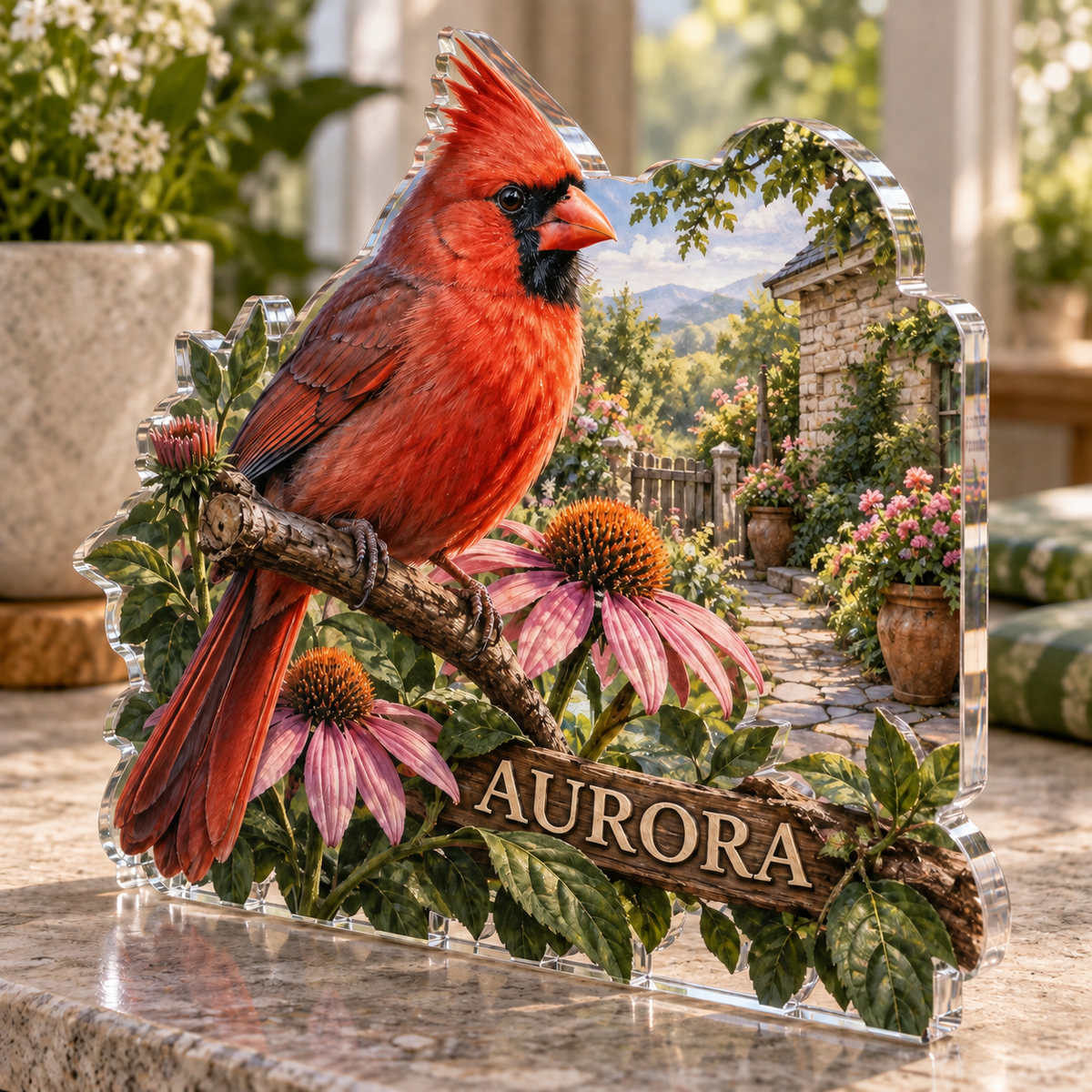 Artwork visualization: Cardinal garden — personalized housewarming, personalized AURORA, subject-shaped acrylic with printed optical 3D depth; not carved relief.