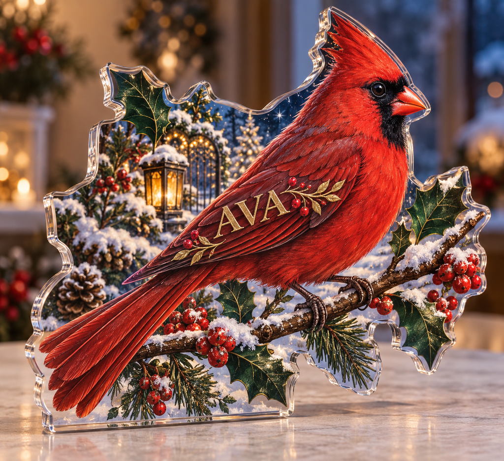 Artwork visualization: Cardinal garden — quiet corner decoration, personalized AVA, subject-shaped acrylic with printed optical 3D depth; not carved relief.