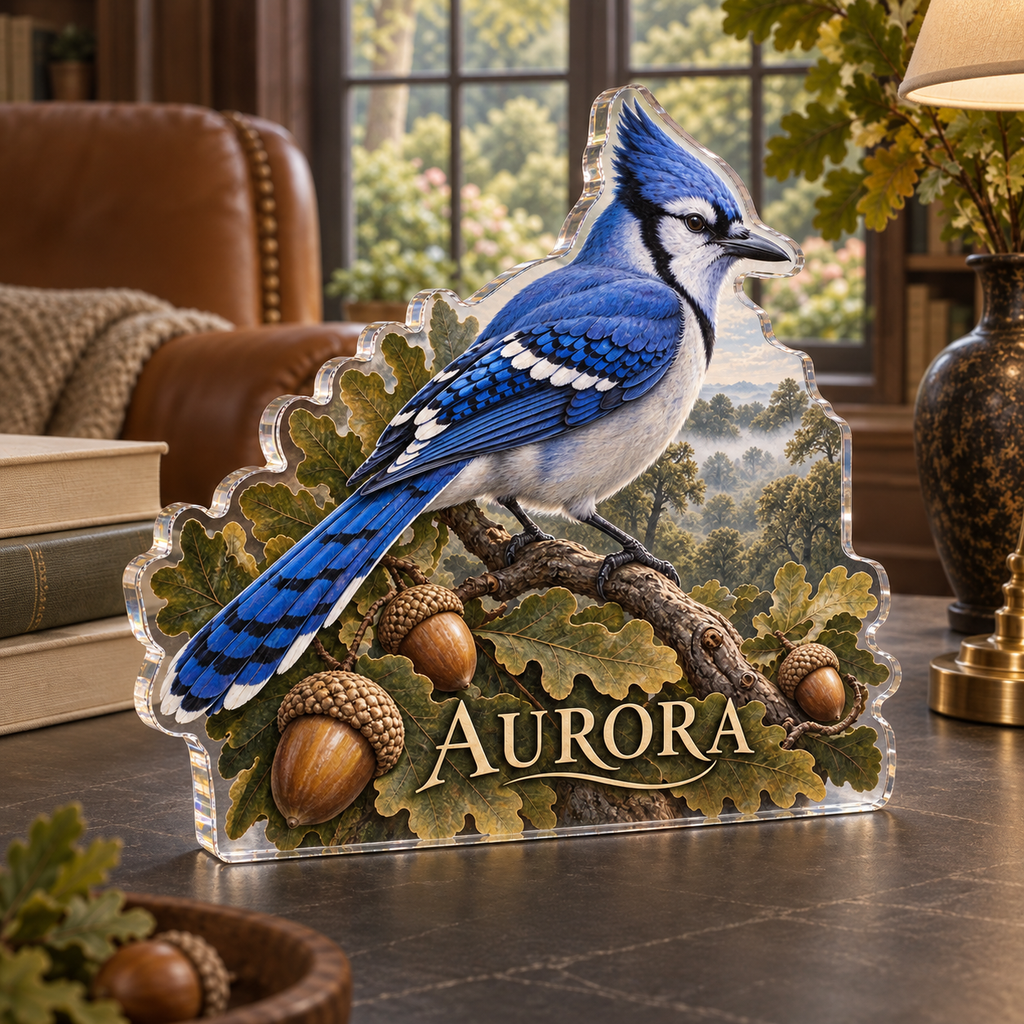 Artwork visualization: Blue jay oak — reading nook decor, personalized AURORA, subject-shaped acrylic with printed optical 3D depth; not carved relief.