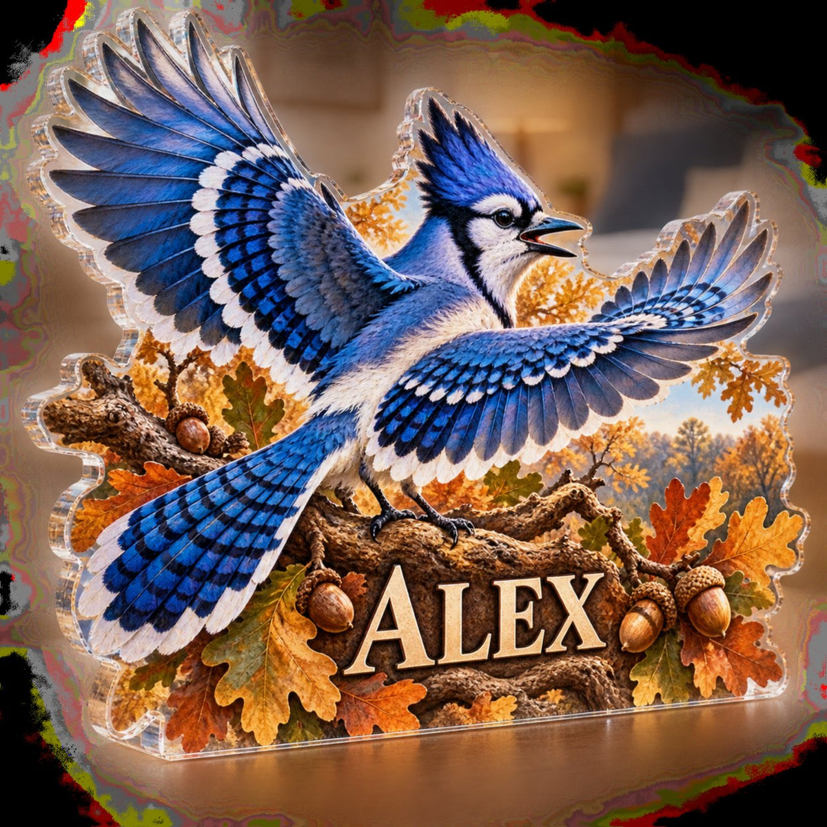 Personalized Blue Jay Oak Bedroom Statement Decor custom shape acrylic plaque with an example name set into the artwork, digital preview
