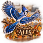 Artwork visualization: Blue jay oak — bedroom statement decor, personalized ALEX, subject-shaped acrylic with printed optical 3D depth; not carved relief.