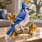 Artwork visualization: Blue jay oak — living room focal point, personalized EMMA, subject-shaped acrylic with printed optical 3D depth; not carved relief.