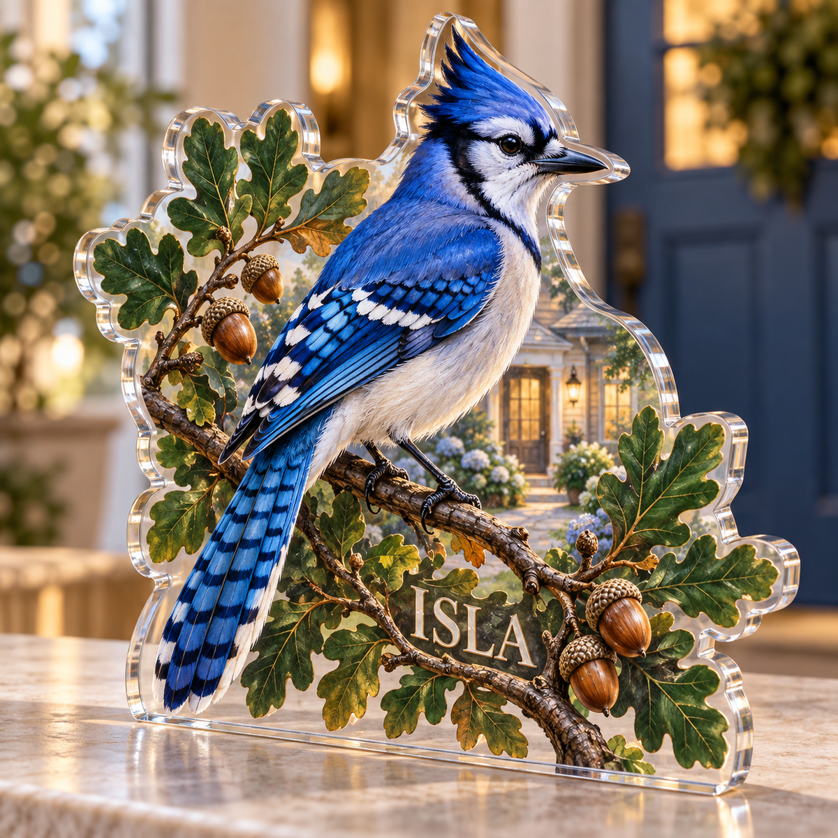 Artwork visualization: Blue jay oak — personalized housewarming, personalized ISLA, subject-shaped acrylic with printed optical 3D depth; not carved relief.