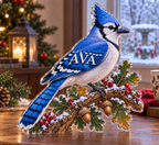 Artwork visualization: Blue jay oak — quiet corner decoration, personalized AVA, subject-shaped acrylic with printed optical 3D depth; not carved relief.